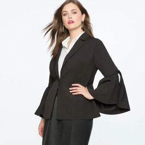 Eloquii‎ Black Ponte Knit Open Front Blazer Size 16 Flare Sleeve Detail Work New
